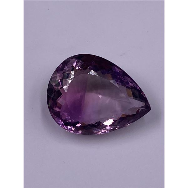 AMETHYST MASTER CUT 42.99CT, 27.22 X 20.76 X 12.86MM, PEAR CUT, LOUPE CLEAN CLARITY, BOLIVIA,