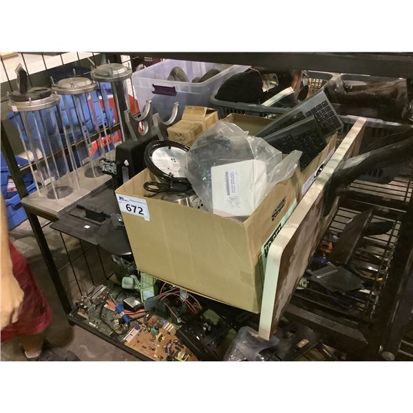 2 SHELVES OF MOUNTS, ELECTRONICS, COMPUTER MICE, KEYBOARDS, RAM, COMPUTER PARTS, ETC