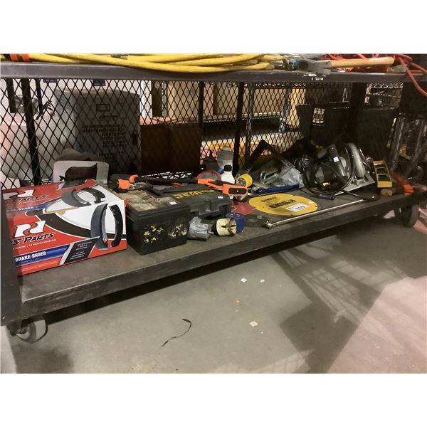 ASSORTED SMALL HAND TOOLS, POWER TOOLS, BRAKE PADS, POWER BAR, CIRCULAR SAW, ETC