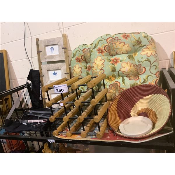SEAT CUSHIONS, WINE RACK, PICTURE FRAME, HOUSEHOLD ITEMS, AREA RUG, ETC
