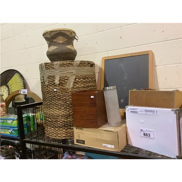 RATTAN LAUNDRY BASKET, SMALL BASKET, CHALKBOARD, LIGHT FIXTURE, STORAGE BOXES, BREIFCASE, ETC