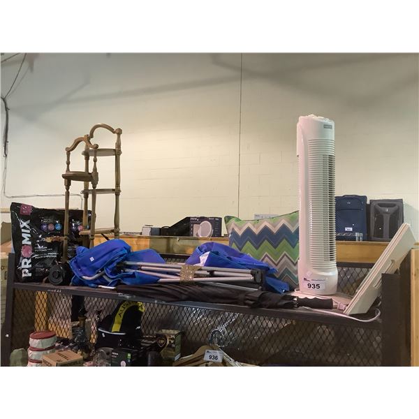 PLANT STANDS, TOWER FAN, FOLDING CHAIR, UMBRELLA, TRAYS, ETC