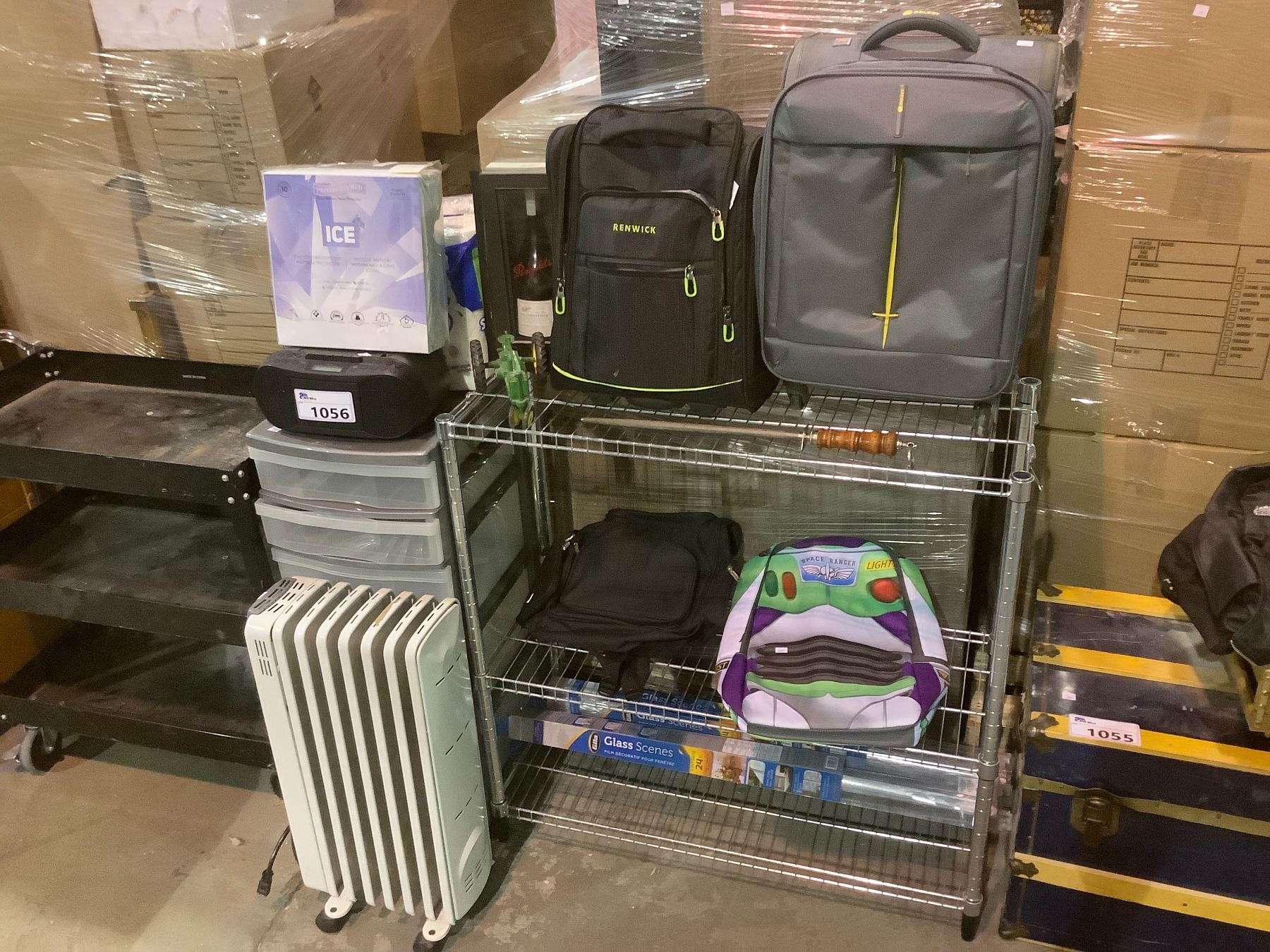 Wire Bag Racks WIRE RACK, ASSORTED BAGS, PORTABLE PLASTIC STORAGE BIN, OIL HEATER ...