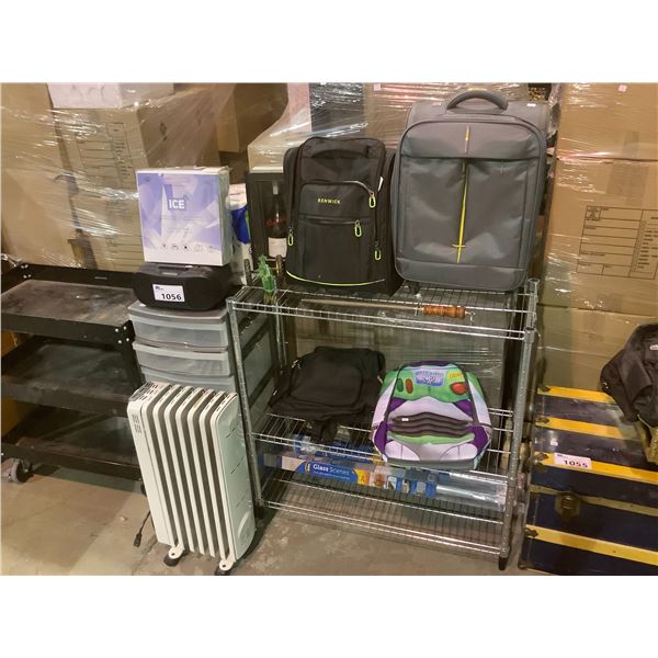 WIRE RACK, ASSORTED BAGS, PORTABLE PLASTIC STORAGE BIN, OIL HEATER, SMALL RADIO, PAPER TOWEL, ETC