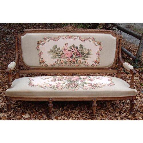 Antique carved French tapestry Settee Sofa