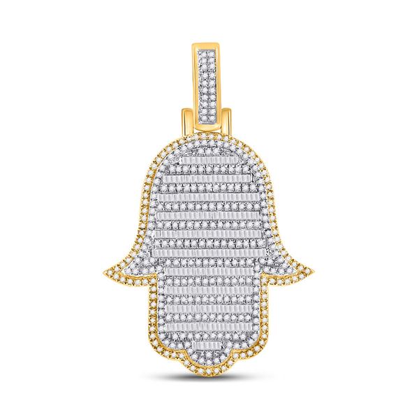 Mens Baguette Diamond Hamsa Hand Charm Pendant 2 Cttw 10kt Yellow Gold