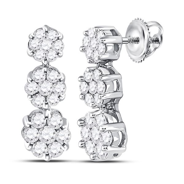 Diamond Triple Vertical Flower Cluster Earrings 1 Cttw 14kt White Gold