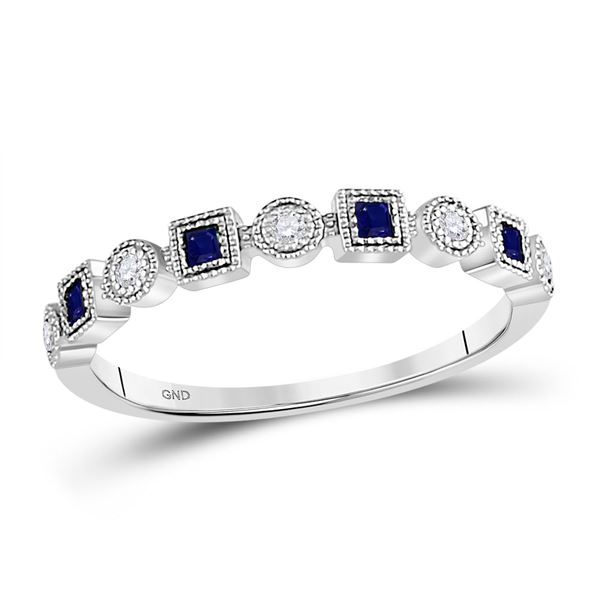Princess Blue Sapphire Diamond Stackable Band Ring 1/8 Cttw 10kt White Gold