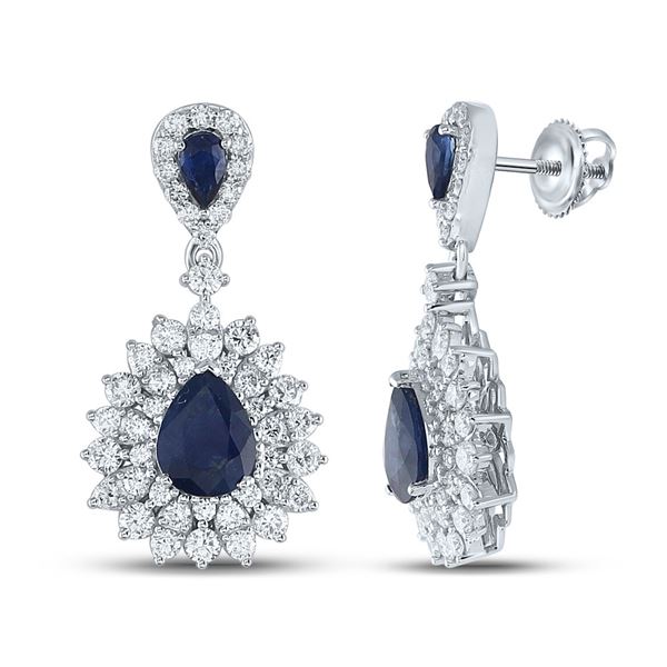 Pear Blue Sapphire Diamond Dangle Earrings 4-7/8 Cttw 14kt White Gold