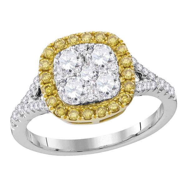Yellow Diamond Square Cluster Ring 1-1/3 Cttw 18kt White Gold