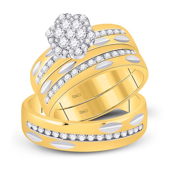 His Hers Diamond Cluster Matching Wedding Set 3/4 Cttw 14kt Yellow Gold