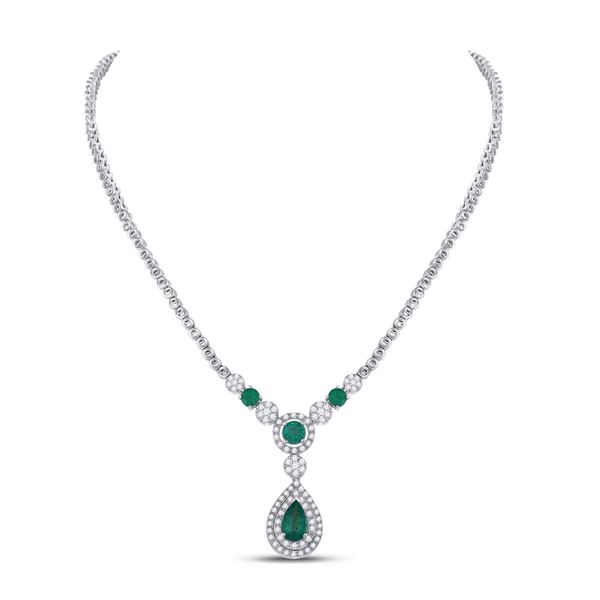 Pear Emerald Diamond Teardrop Cocktail Necklace 3 Cttw 14kt White Gold
