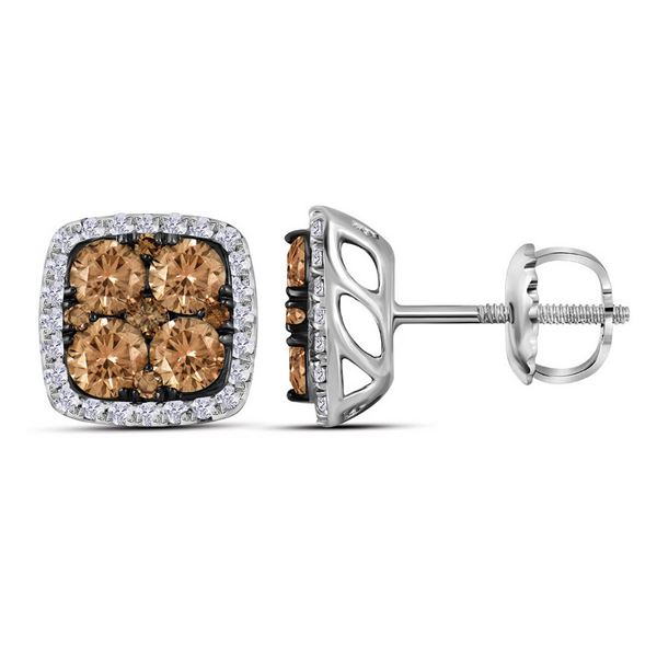 Brown Diamond Square Cluster Earrings 1 Cttw 14kt White Gold