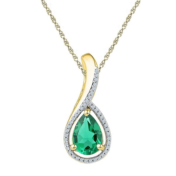 Pear Lab-Created Emerald Solitaire Diamond Pendant 2 Cttw 10kt Yellow Gold