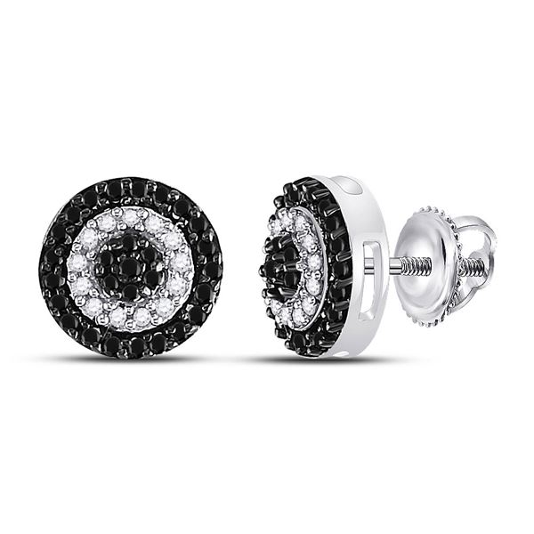 Black Color Enhanced Diamond Circle Cluster Earrings 1/4 Cttw 10kt White Gold