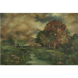 OIL PAINTING VINTAGE LANDSCAPE WITH STREAM