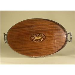 WOOD MARQUETRY TRAY WITH STERLING SILVER EDGE