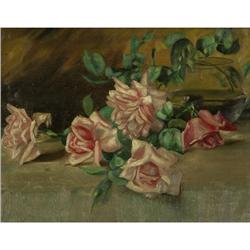 OIL PAINTING PINK ROSES ANTIQUE
