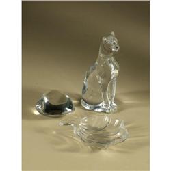 THREE BACCARAT CRYSTAL ITEMS CAT, HEART, LEAF DISH