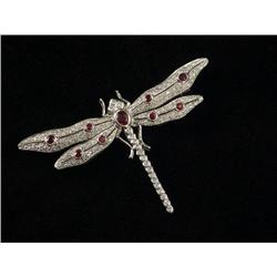 RUBY AND DIAMOND 18K WHITE GOLD DRAGONFLY BROOCH