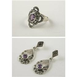 STERLING RING & EARRING SET AMETHYSTS MARCASITES