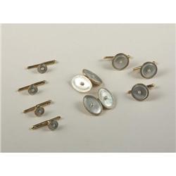MOTHER-OF-PEARL & PEARL CUFFLINK & STUD SET 14K