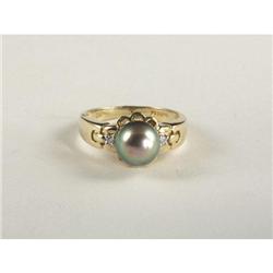 SEMI-BLACK CULTURED PEARL & DIAMOND RING 14K