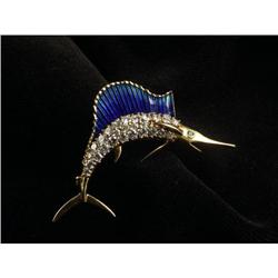 DIAMOND, EMERALD, ENAMEL SWORDFISH BROOCH