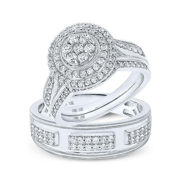 His Hers Diamond Cluster Matching Wedding Set 1-1/4 Cttw 10kt White Gold