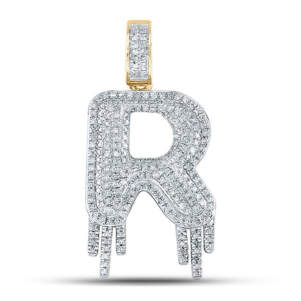 Mens Diamond Dripping R Letter Charm Pendant 3/4 Cttw 10kt Yellow Gold