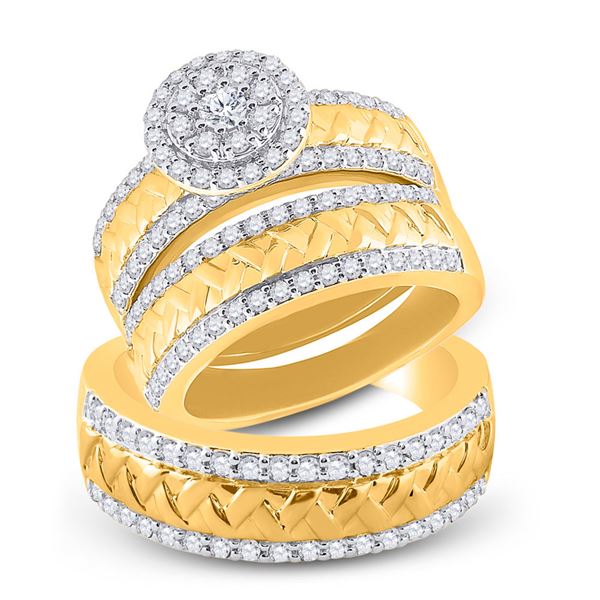 His Hers Diamond Cluster Matching Wedding Set 1-1/2 Cttw 14kt Yellow Gold