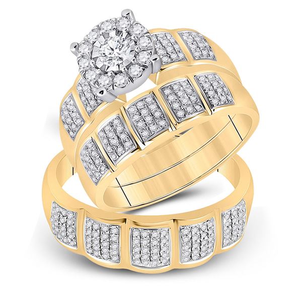 His Hers Diamond Halo Matching Wedding Set 7/8 Cttw 10kt Yellow Gold