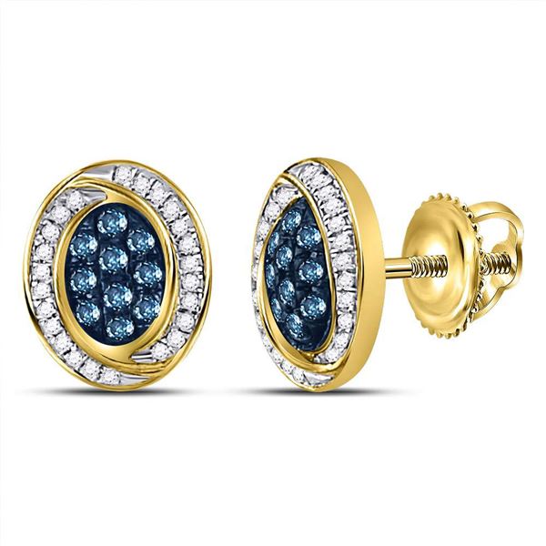 Blue Color Enhanced Diamond Oval Cluster Earrings 1/3 Cttw 10kt Yellow Gold