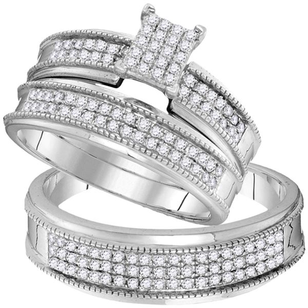 His Hers Diamond Cluster Matching Wedding Set 3/4 Cttw 10kt White Gold