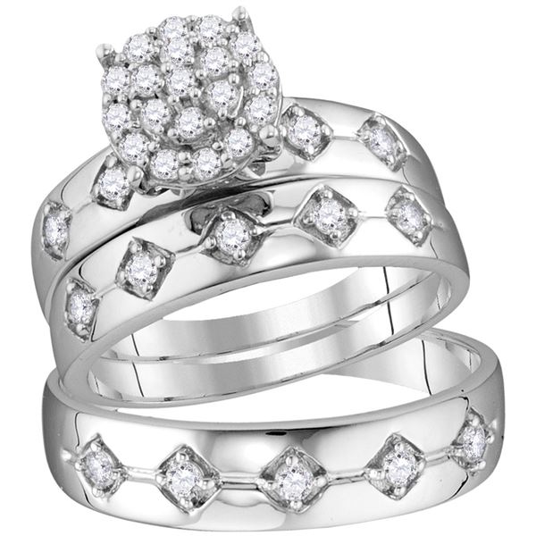 His Hers Diamond Cluster Matching Wedding Set 3/4 Cttw 10kt White Gold