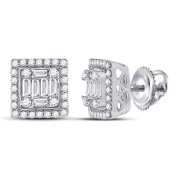 Baguette Diamond Square Cluster Earrings 3/8 Cttw 14kt White Gold