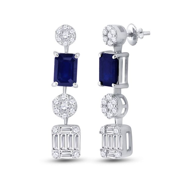 Emerald Blue Sapphire Diamond Dangle Earrings 2 Cttw 14kt White Gold