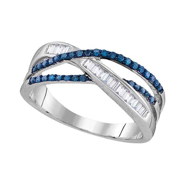 Blue Color Enhanced Diamond Crossover Fashion Ring 1/3 Cttw Sterling Silver