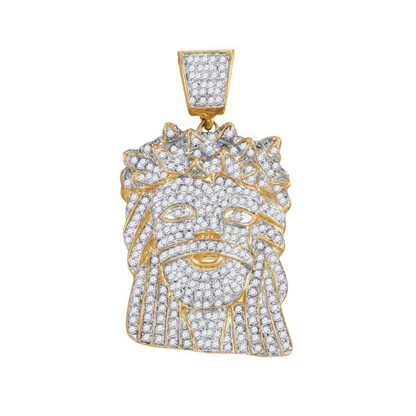 Mens Diamond Jesus Face Charm Pendant 1-3/4 Cttw 10kt Yellow Gold