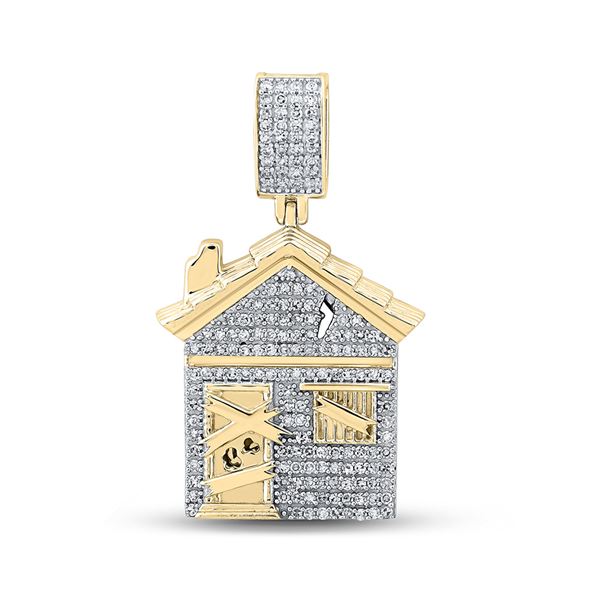 Mens Diamond Trap House Charm Pendant 3/4 Cttw 10kt Yellow Gold