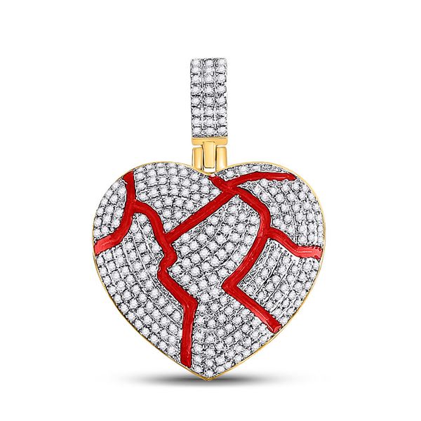 Mens Diamond Red Broken Heart Charm Pendant 3/4 Cttw 10kt Yellow Gold