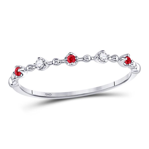 Ruby Diamond Beaded Stackable Band Ring 1/20 Cttw 10kt White Gold