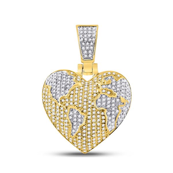 Mens Diamond Heart Globe Charm Pendant 3/4 Cttw 10kt Yellow Gold