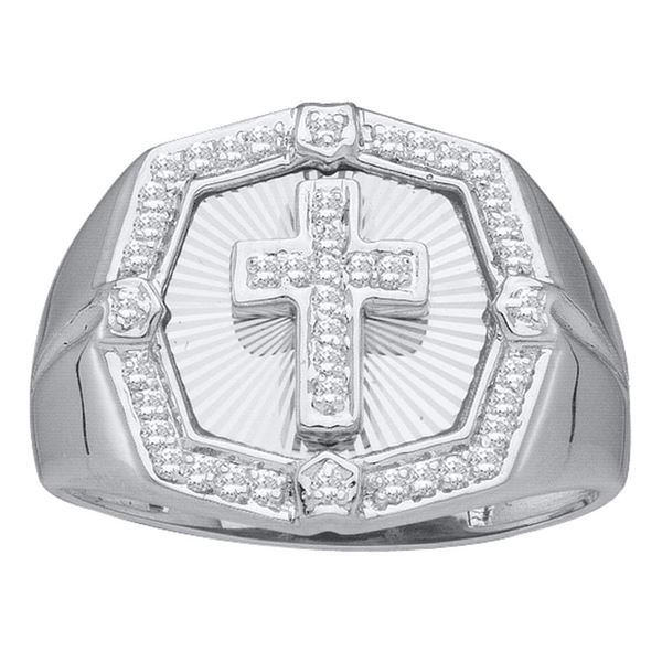 Mens Diamond Cross Ring 1/4 Cttw 10kt White Gold