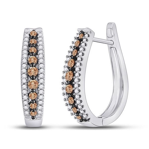 Brown Diamond Hoop Earrings 3/4 Cttw 10kt White Gold