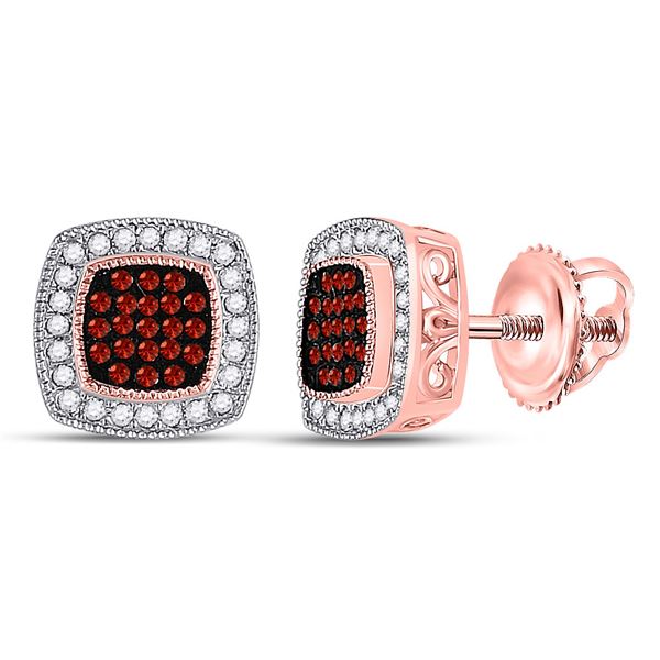 Red Color Enhanced Diamond Square Cluster Earrings 1/4 Cttw 10kt Rose Gold