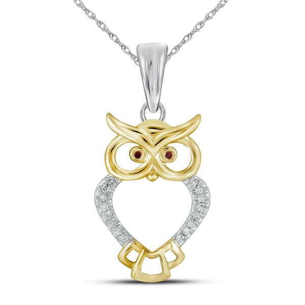 Red Color Enhanced Diamond Owl Bird Animal Pendant 1/20 Cttw 10kt Yellow Gold