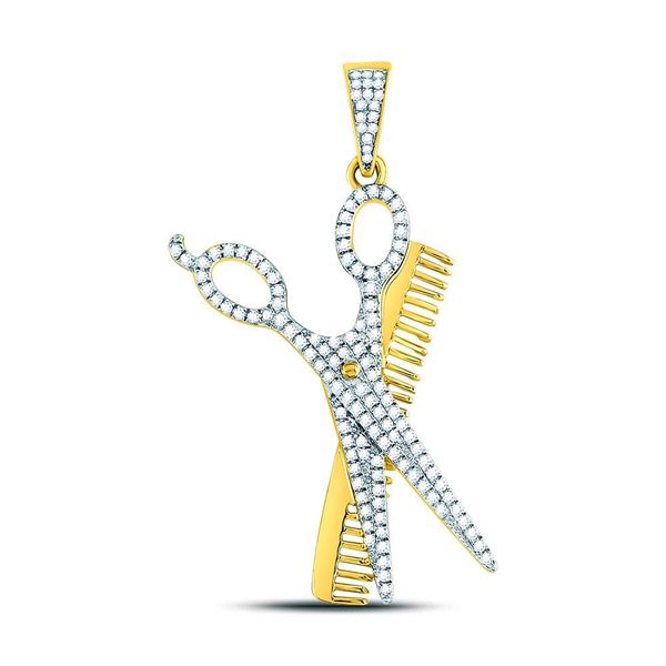 Mens Diamond Scissors Comb Barber Charm Pendant 3/4 Cttw 10kt Yellow Gold