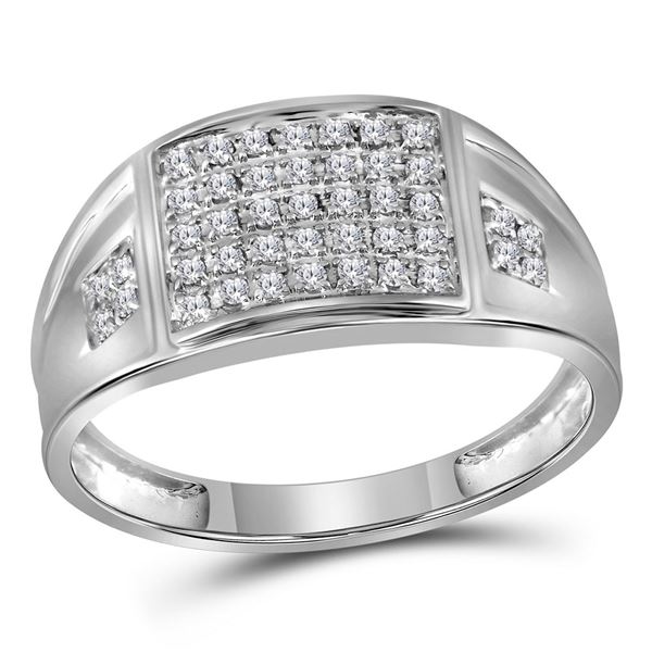 Mens Prong-set Diamond Square Cluster Ring 1/4 Cttw 10kt White Gold