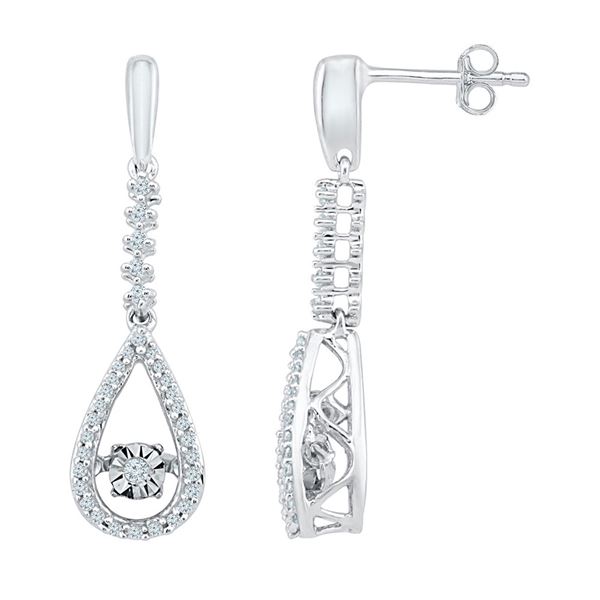 Diamond Moving Twinkle Teardrop Dangle Earrings 1/5 Cttw 10kt White Gold